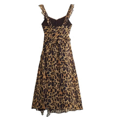 Leopard Print Bodycon Layered Ruffle Trim Spaghetti Strap Maxi Dress