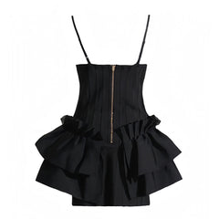 Giselle Black Slim Fit Corset Layered Ruffle Spaghetti Strap Mini Dress