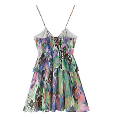 Madrid Multi-Color Patterned Ruffle Trim V-Neck Sleeveless Halter Mini Dress