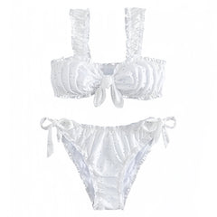 White Eyelet Pointelle Ruffle Trim Bow Spaghetti Strap 2 Piece Bikini Set