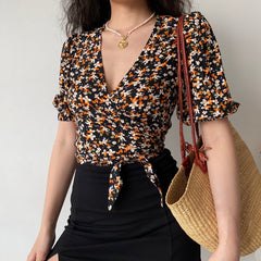 Orange Flower Wrap Top ~ HANDMADE