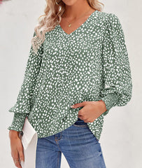 Dotted Shirred Bubble Sleeve Blouse