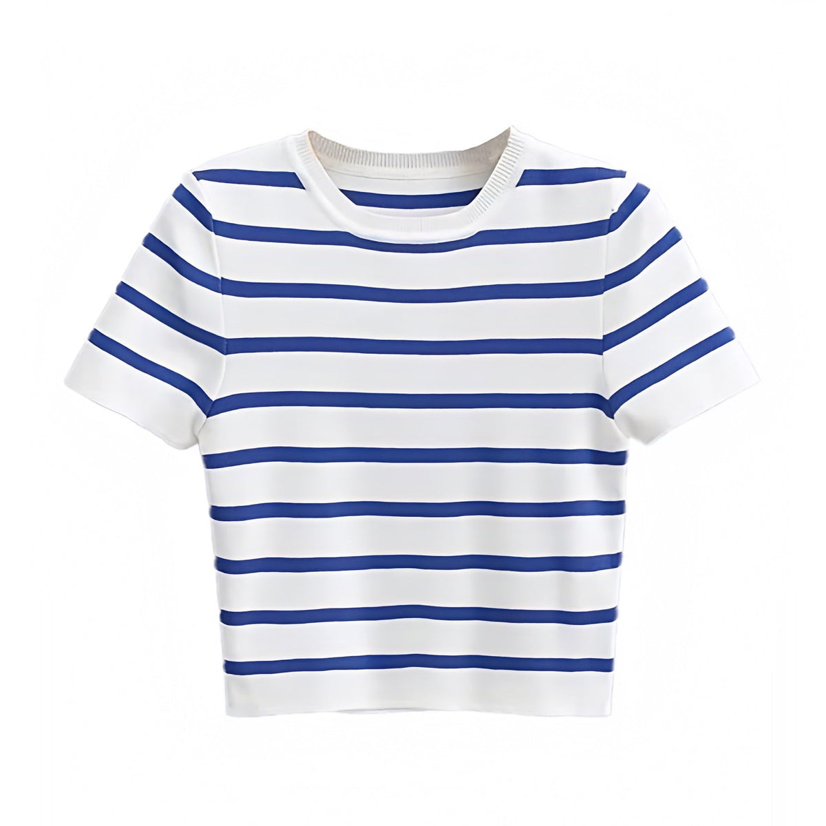 Navy Blue Striped Boat Neck Short Sleeve Crop T-Shirt
