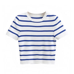 Navy Blue Striped Boat Neck Short Sleeve Crop T-Shirt