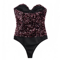 Dark Purple Sequined Slim Fit Corset Bodycon Strapless Bodysuit