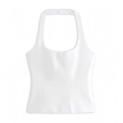 White Corset Slim Fit Scoop Neck Backless Halter Crop Tank Top