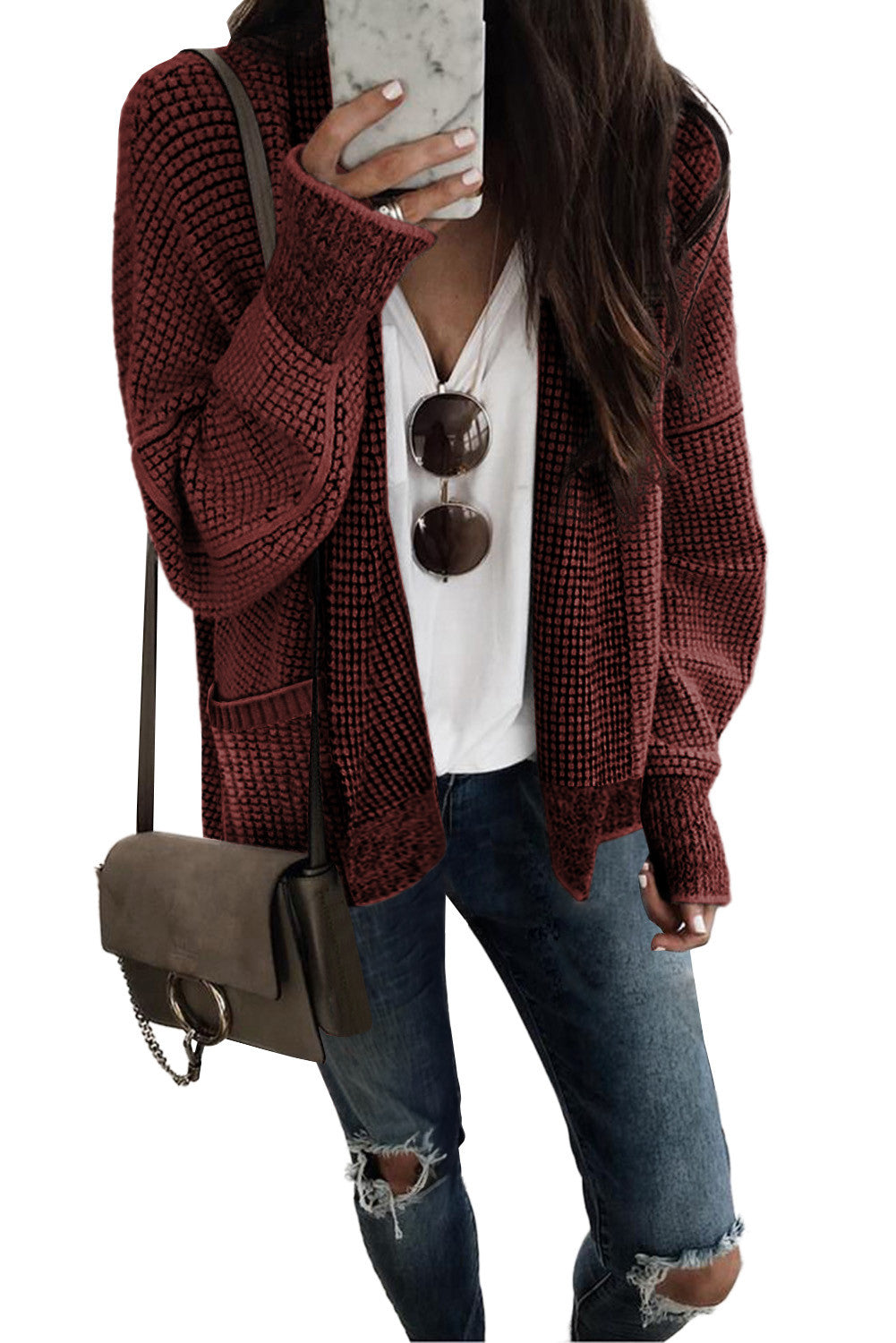 Chunky Waffle Open Front Cardigan