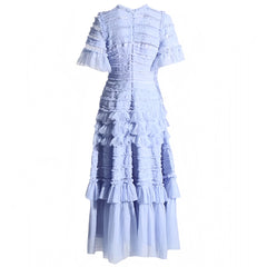 Agnes Light Blue Layered Ruffle Trim Bodycon Short Sleeve Maxi Dress