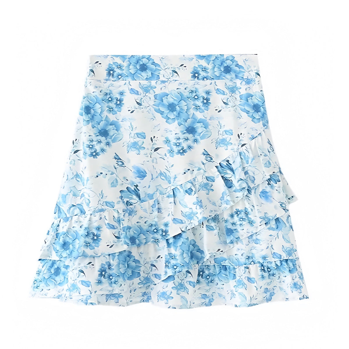 Light Blue & White Floral Print Layered Ruffle Trim Mid-Rise Tiered Mini Skirt