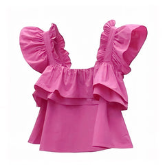 Hot Pink Ruffle Trim Tiered Spaghetti Strap Camisole Tank Top