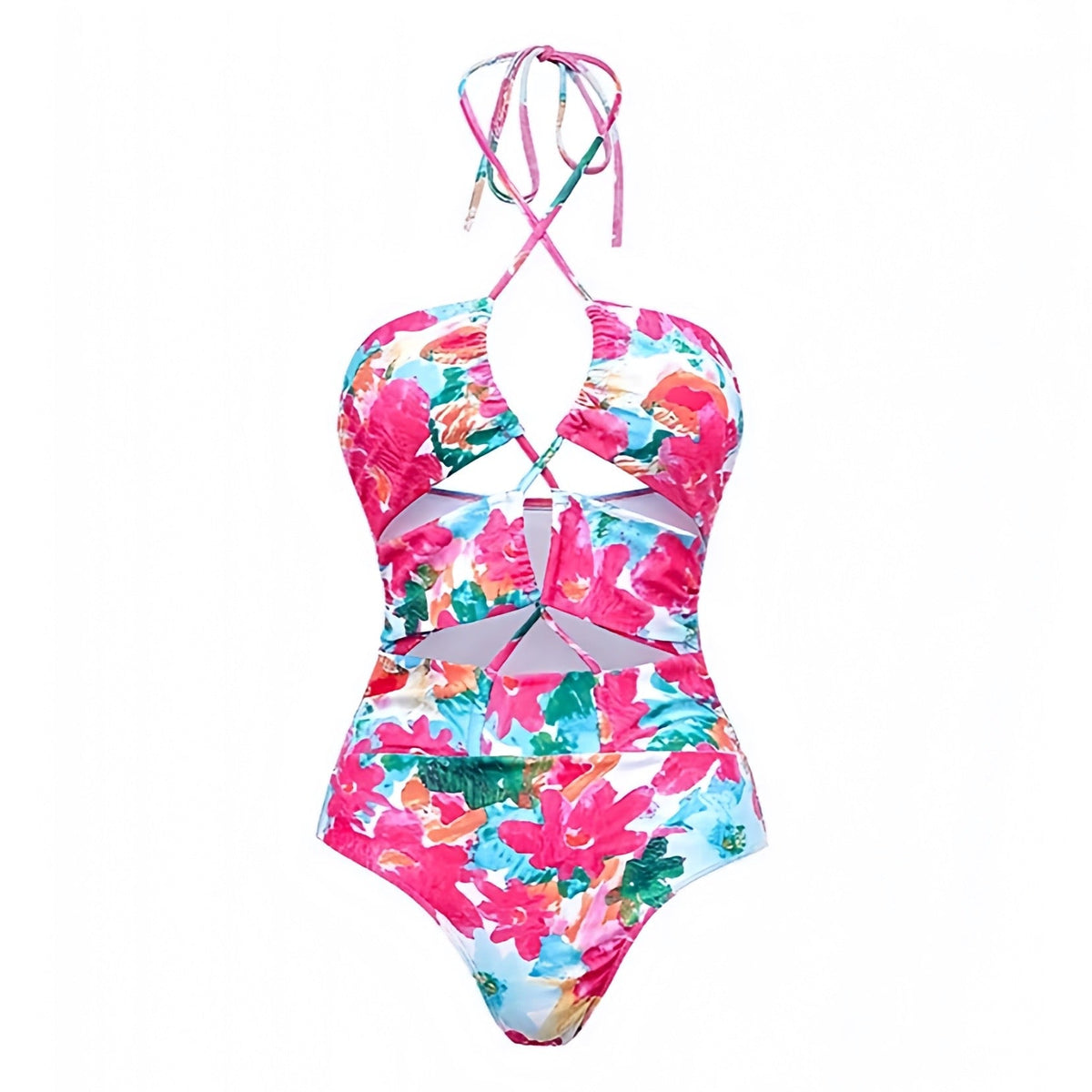 Saint Lucia Multi-Color Floral Print Cut-Out Halter One Piece Swimsuit