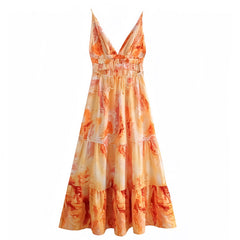 Kapolei Orange Multi-Color Patterned V-Neck Spaghetti Strap Tiered Maxi Dress