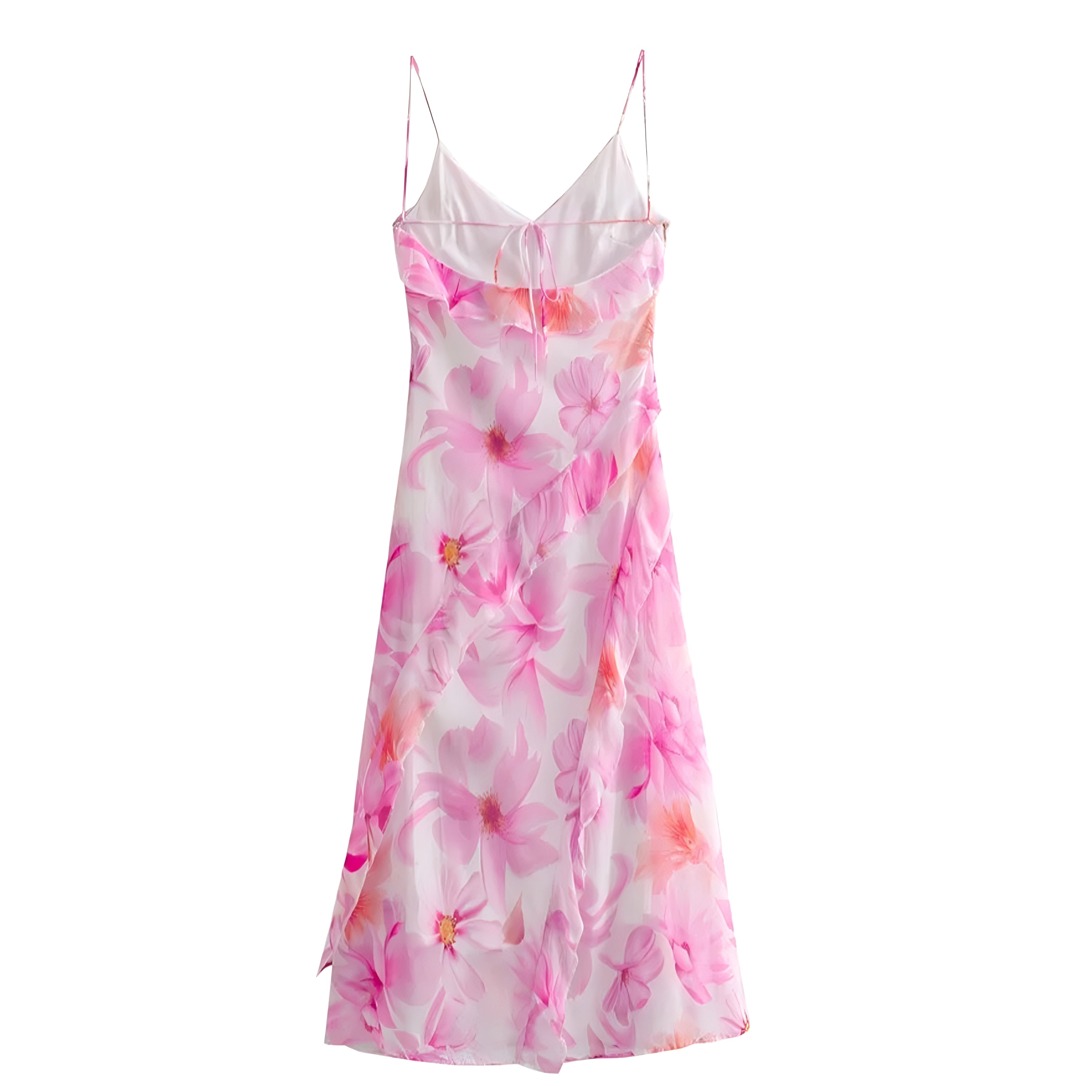 Dahlia Light Pink Floral Print Bodycon Ruffle Trim Spaghetti Strap Backless Maxi Dress