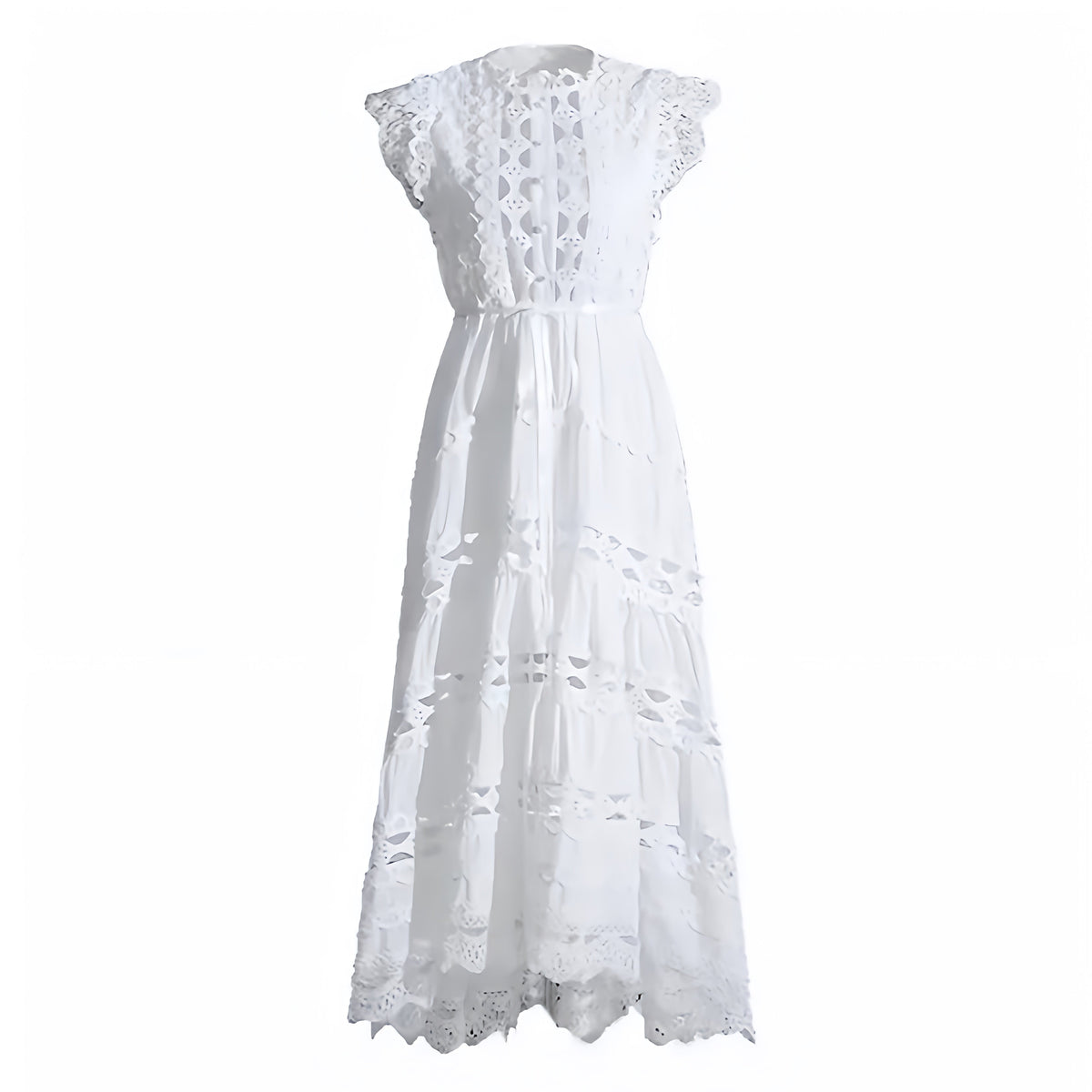 White Eyelet Embroidered Ruffle Trim Short Sleeve Fitted Waist Maxi Dress