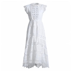 White Eyelet Embroidered Ruffle Trim Short Sleeve Fitted Waist Maxi Dress