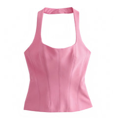 Light Pink Corset Slim Fit Scoop Neck Backless Halter Crop Tank Top