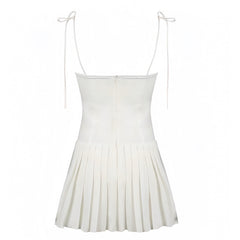 Ivory White Corset Drop Waist Pleated Spaghetti Strap Mini Dress