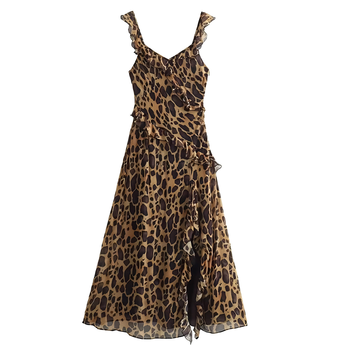Leopard Print Bodycon Layered Ruffle Trim Spaghetti Strap Maxi Dress