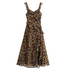 Leopard Print Bodycon Layered Ruffle Trim Spaghetti Strap Maxi Dress