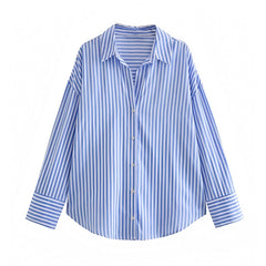 Sea Blue Striped Seersucker Button Down Long Sleeve Linen Shirt