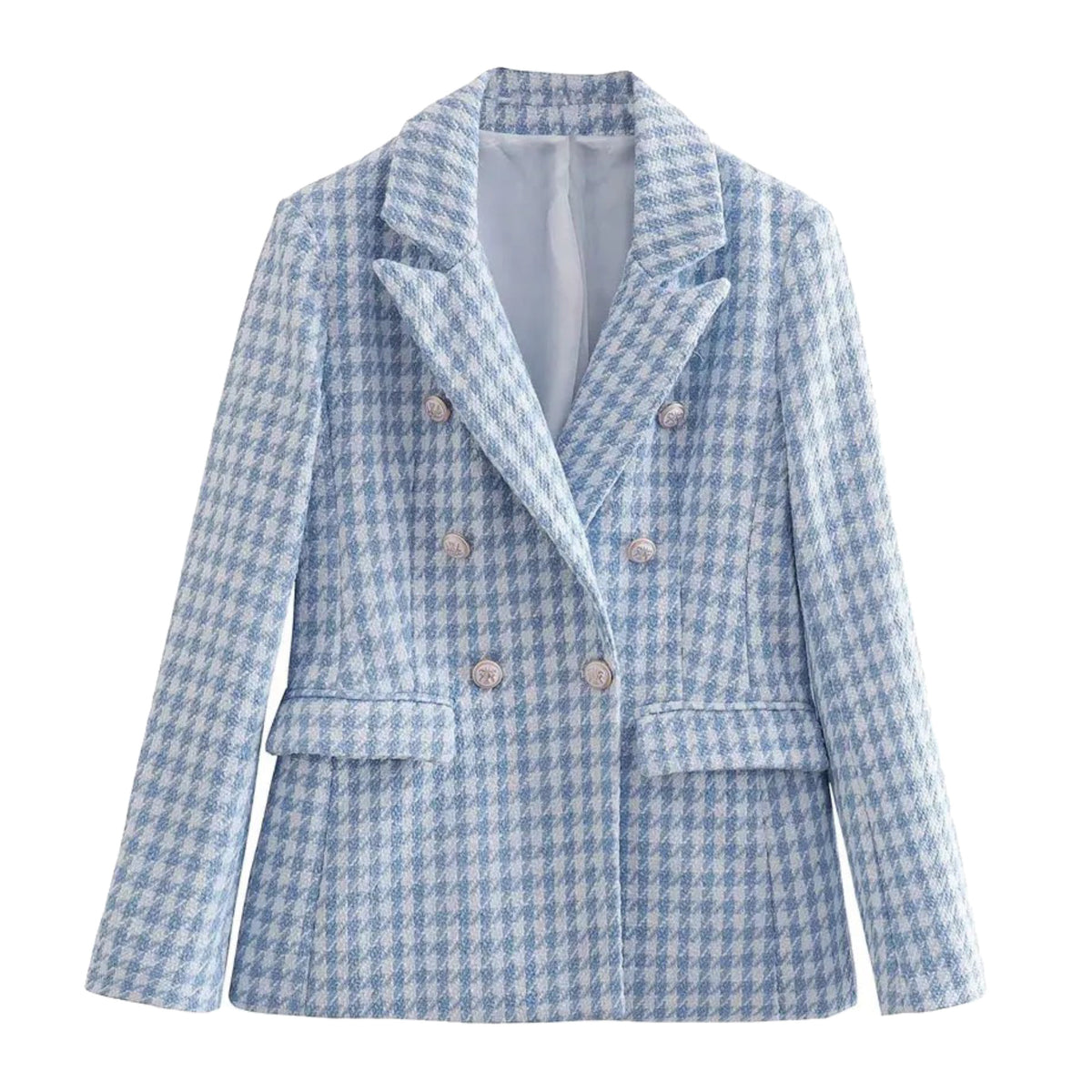 Light Blue Houndstooth Tweed Gold Button Blazer