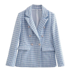 Light Blue Houndstooth Tweed Gold Button Blazer
