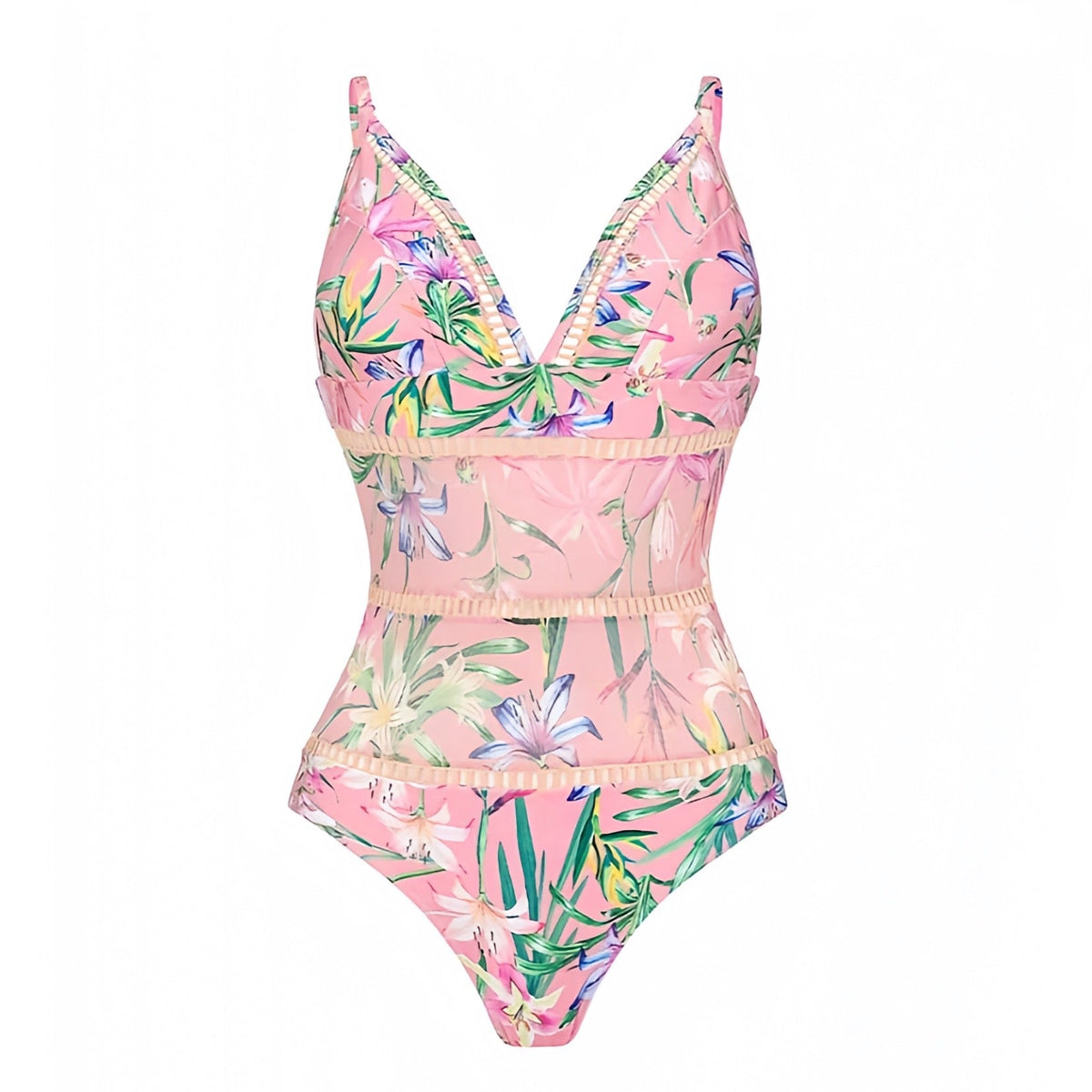 Florida Keys Light Pink Floral Print Embroidered Spaghetti Strap One Piece Swimsuit