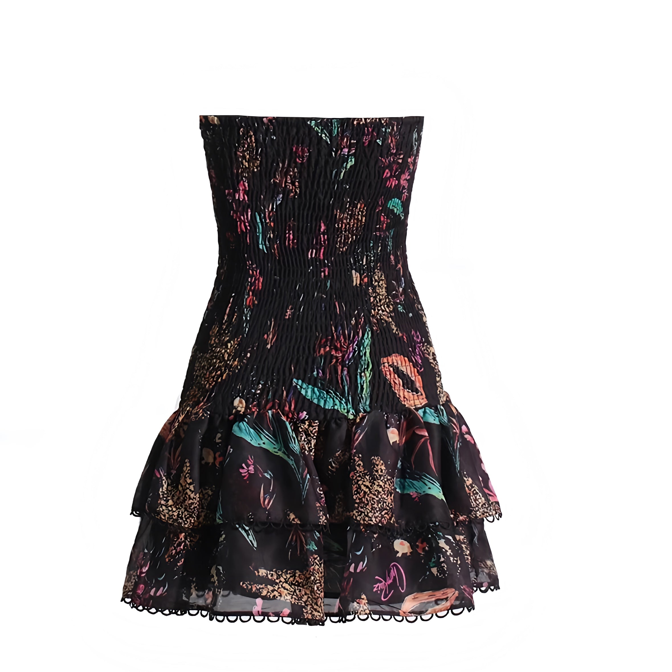 Anguilla Black Multi-Color Floral Layered Ruffle Smocked Halter Mini Dress