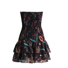 Anguilla Black Multi-Color Floral Layered Ruffle Smocked Halter Mini Dress