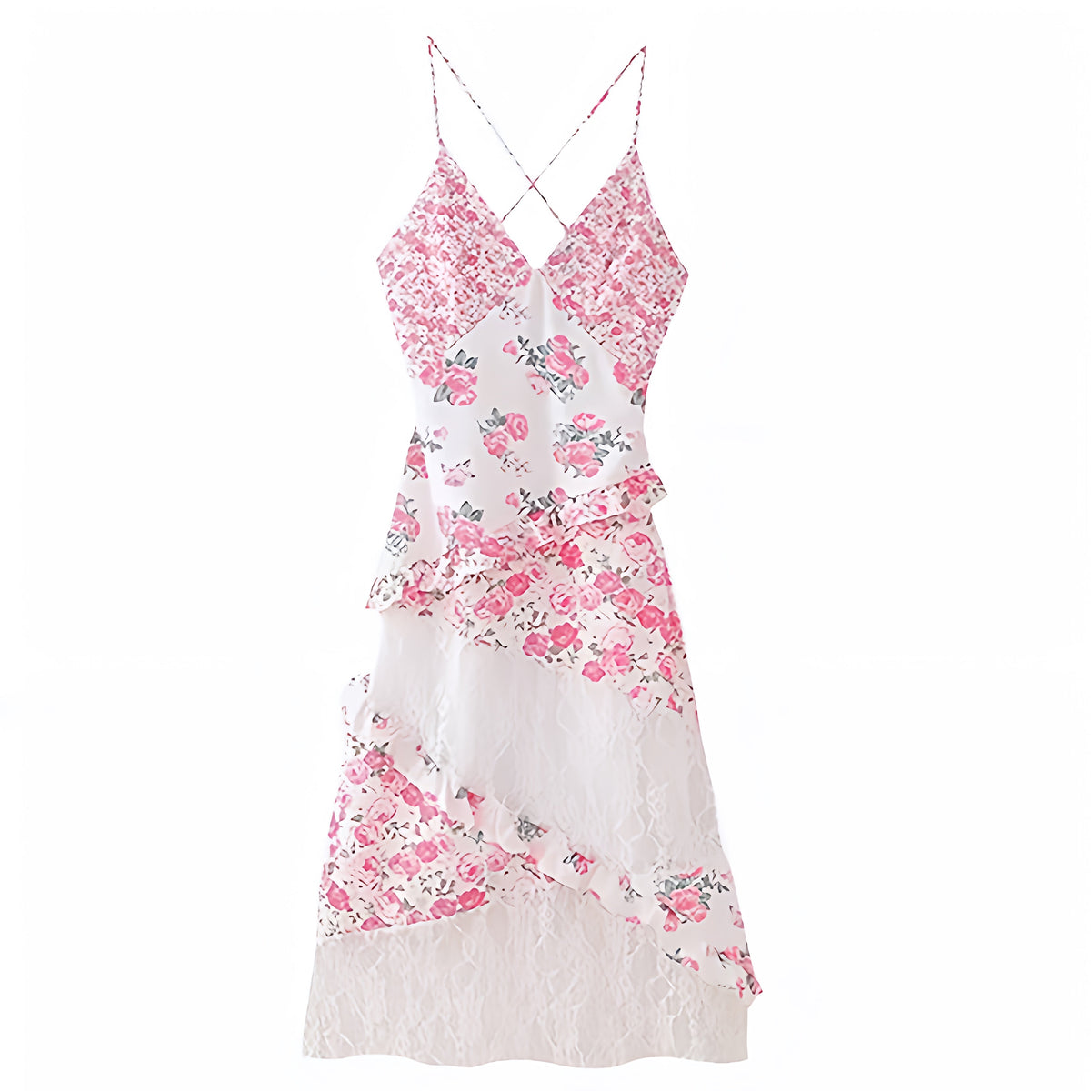 Light Pink Floral Print Bodycon Lace Tiered Ruffle Spaghetti Strap Backless Maxi Dress