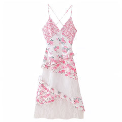 Light Pink Floral Print Bodycon Lace Tiered Ruffle Spaghetti Strap Backless Maxi Dress