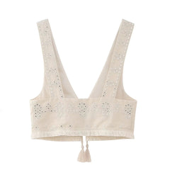 Light Beige Sequin Embroidered Fringe Trim V-Neck Sleeveless Crop Tank Top