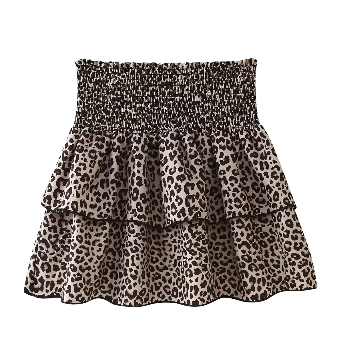 Leopard Print Smocked Mid-Rise Layered Ruffle Trim Tiered Mini Skirt