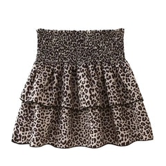 Leopard Print Smocked Mid-Rise Layered Ruffle Trim Tiered Mini Skirt