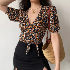 Orange Flower Wrap Top ~ HANDMADE
