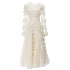 Ivory Layered Ruffle Long Sleeve Maxi Dress