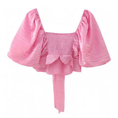 Isabella Hot Pink Slim Fit Ruffle Trim Puff Sleeve Crop Top Blouse