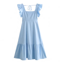 Light Blue Bodycon Ruffle Trim Puff Sleeve Backless Tiered Maxi Dress
