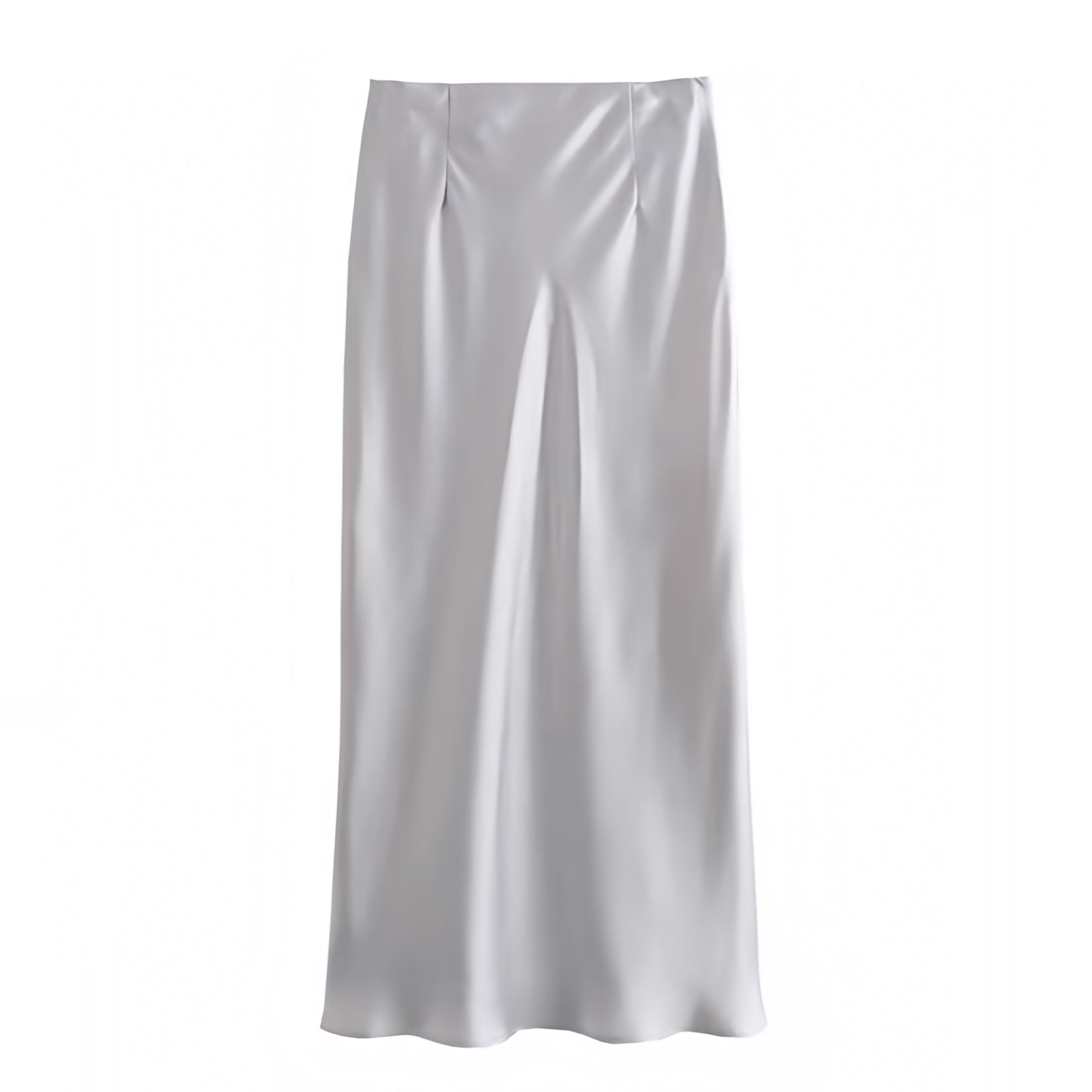 Silver Satin Metallic Ruched Draped Slit Low Rise Maxi Skirt