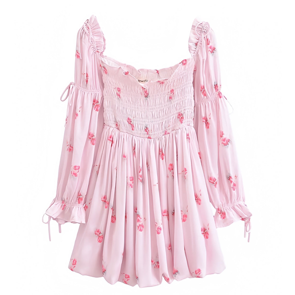 Emery Light Pink Floral Print Smocked Ruffle Trim Long Sleeve Tiered Mini Dress