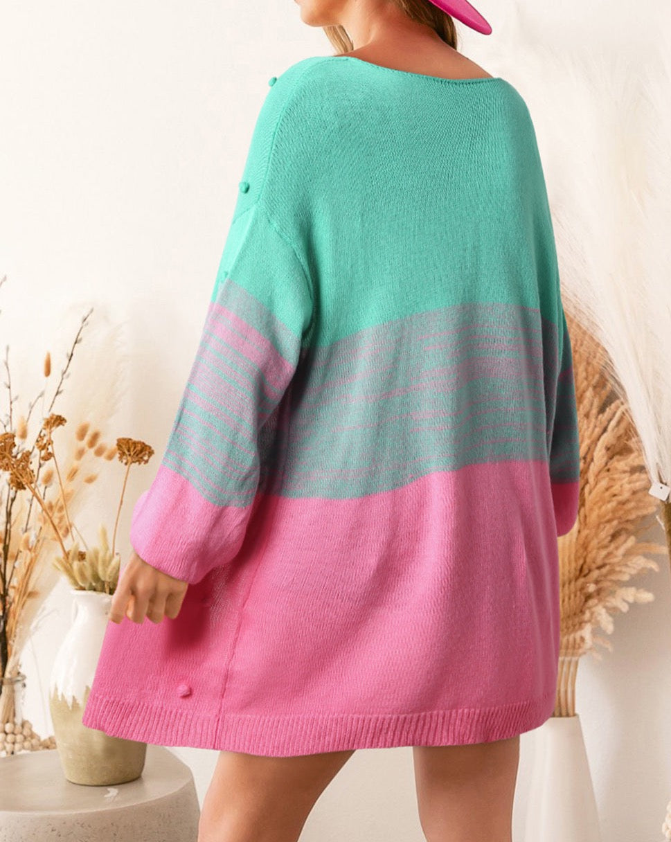 Colorblock Open Front Pom-pom Cardigan