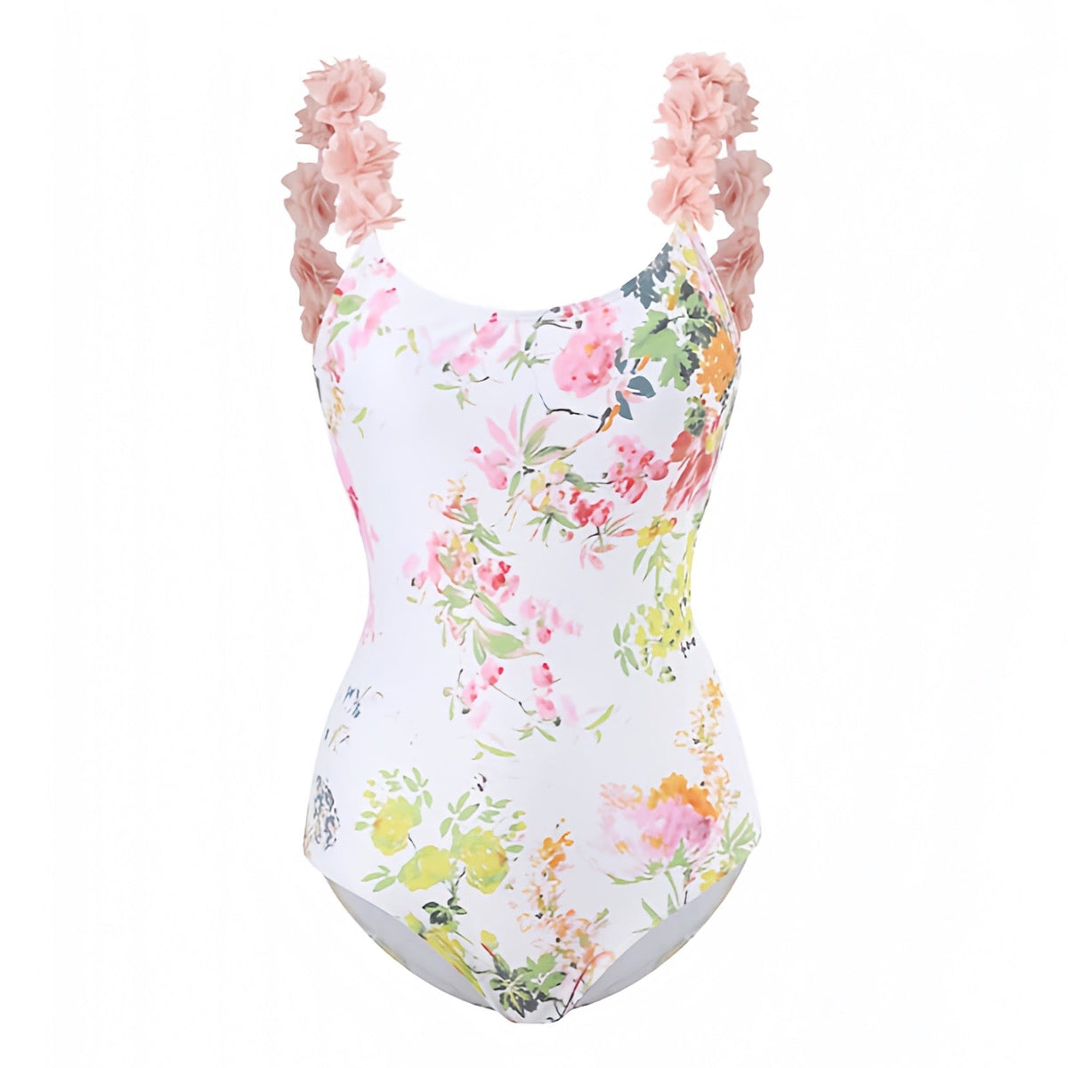 Light Pink Floral Print Ruffle Trim Spaghetti Strap Backless One Piece Swimsuit