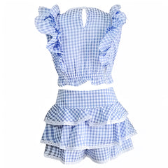 Light Blue Gingham Print Puff Sleeve Top & Layered Ruffle Mini Skirt Set