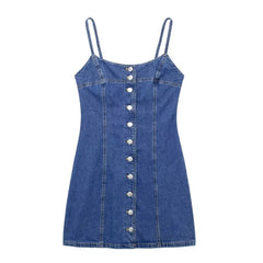 Dark Blue Vintage Bodycon Button-Down Spaghetti Strap Denim Mini Dress