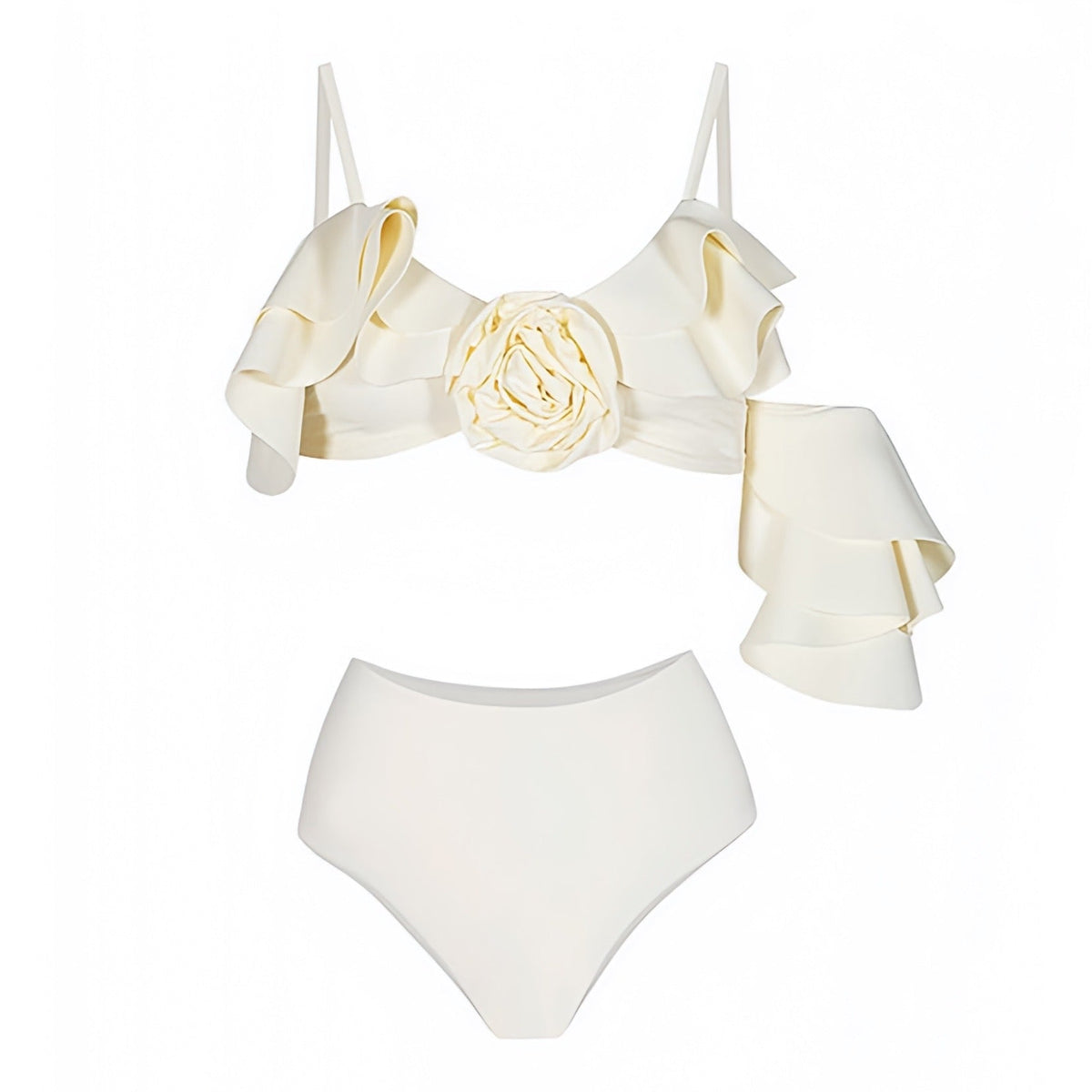 Ivory White Rose Ruffle Trim Asymmetric Spaghetti Strap 2 Piece Bikini Set