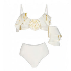 Ivory White Rose Ruffle Trim Asymmetric Spaghetti Strap 2 Piece Bikini Set