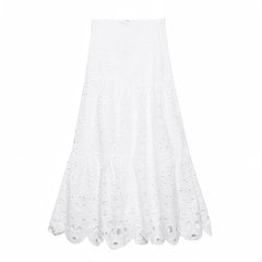 White Eyelet Embroidered Ruffle Mid-Low Rise Maxi Skirt