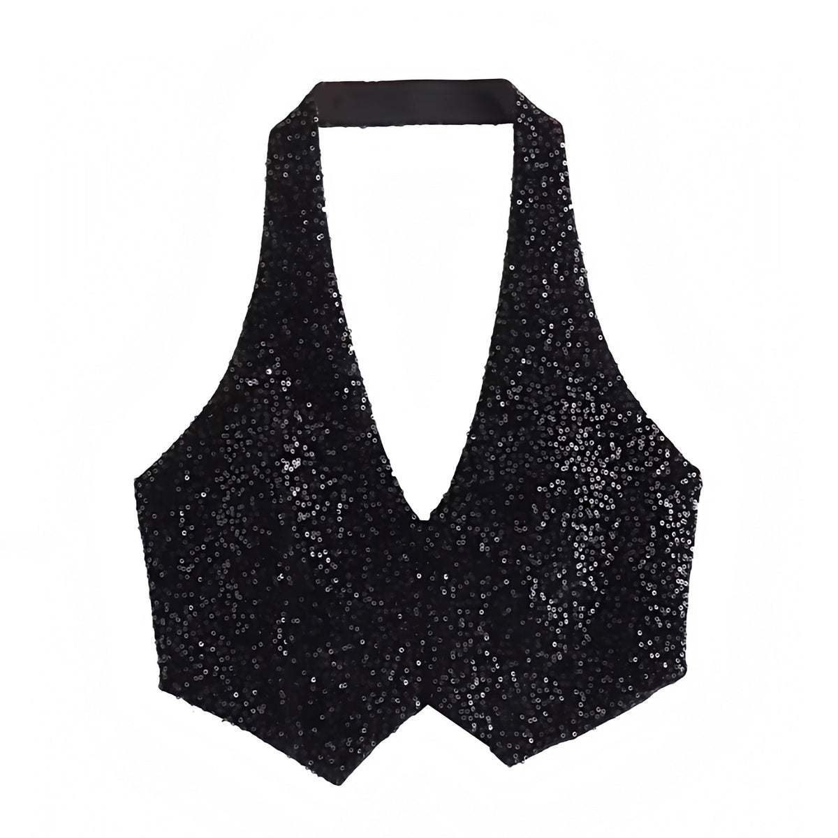 Black Glitter Sequined Slim Fit V-Neck Halter Crop Vest Tank Top