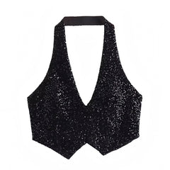 Black Glitter Sequined Slim Fit V-Neck Halter Crop Vest Tank Top