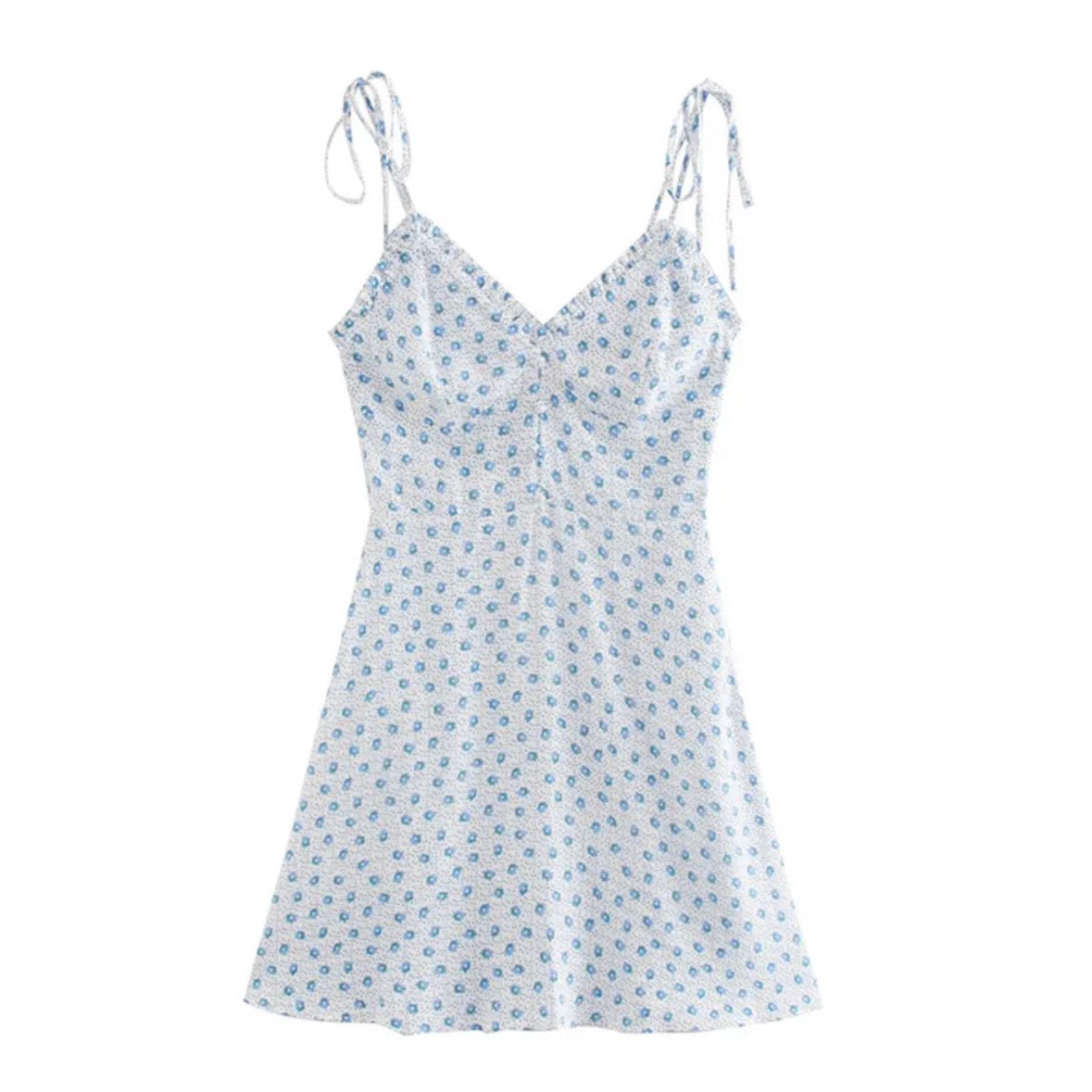 Light Blue Floral Print Bodycon Ruffle Trim Spaghetti Strap Mini Dress